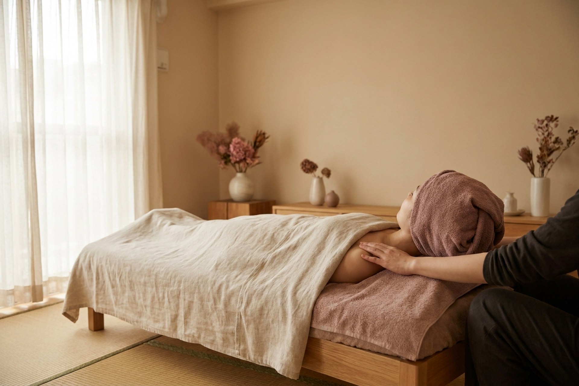 落ち着いた部屋で、タオルをかけて横になり施術を受けるイメージ